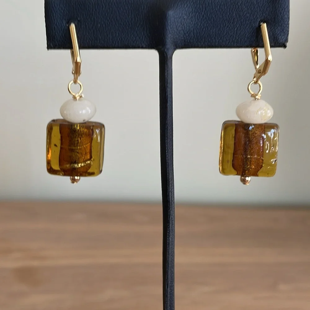 HAND CRAFTED EARRINGS Brown Dichroic Glass White Calcite